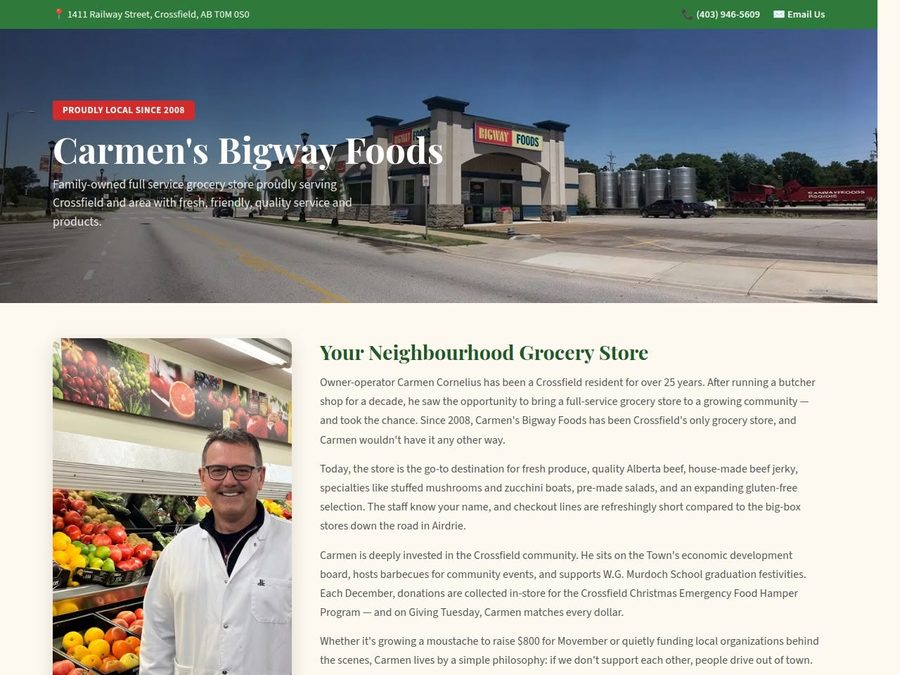 Carmen's Bigway Foods website — family-owned grocery store, Crossfield, Alberta